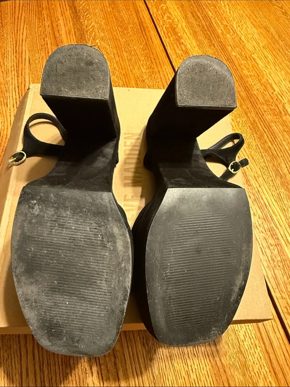 Steve Madden Black Suede Platform Block Heel Sandals with‎ Ankle Strap